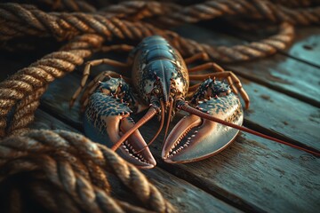 Close-up of a lobster on wooden deck with thick rope, showcasing marine life and seafood. Perfect for culinary and nautical themes.