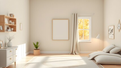 Fototapeta premium Minimalist Blank Frame in Cozy Kid's Room with Autumn Window