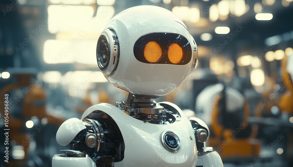 Aufkleber a futuristic robot with glowing eyes stands in a high-tech factory, showcasing advancements in techn
