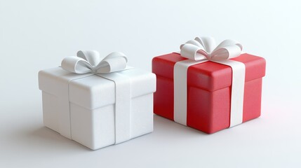 Red and white gift boxes wrapped with ribbons on white background