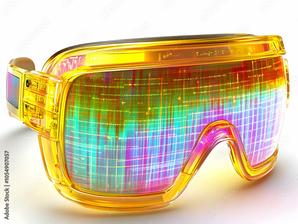 Poster flat holographic vr headset design with floating glowing elements - minimal vector illustration of f
