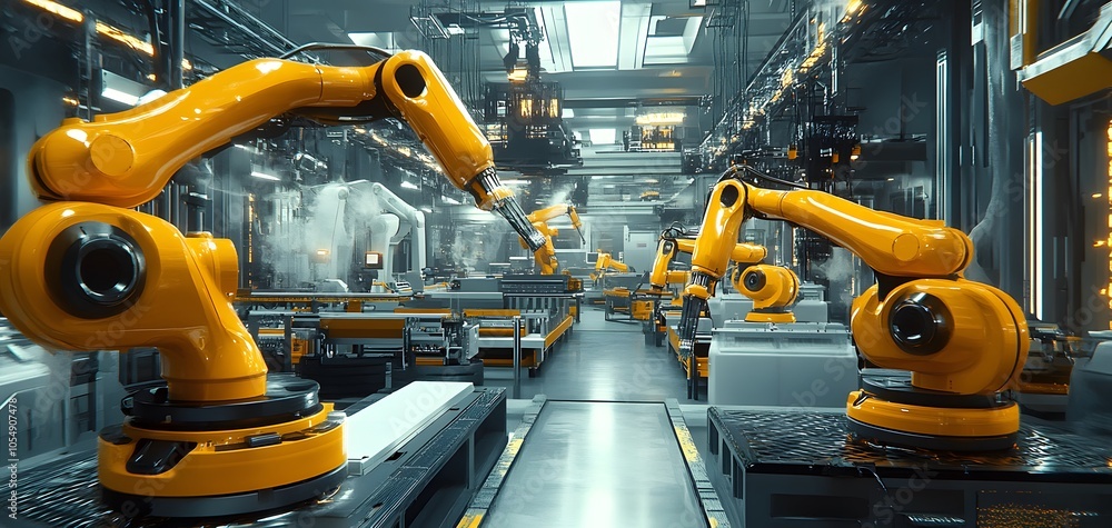 Poster a modern factory floor showcasing advanced robotic arms efficiently manufacturing products in a high