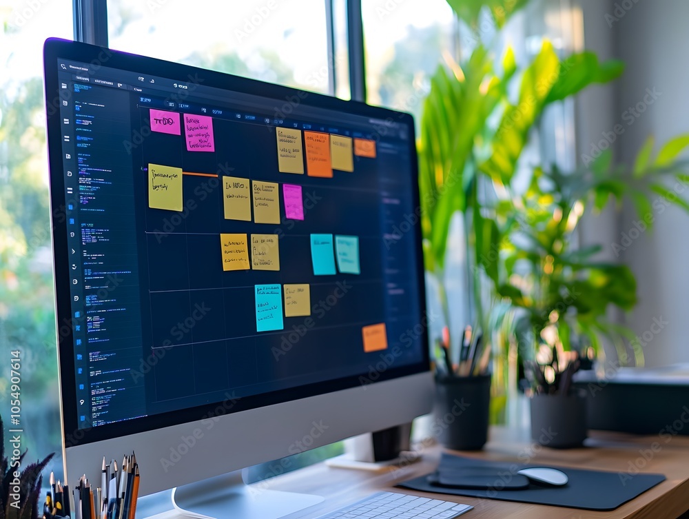 Poster a modern workspace featuring a computer with colorful sticky notes for task management, ideal for pr