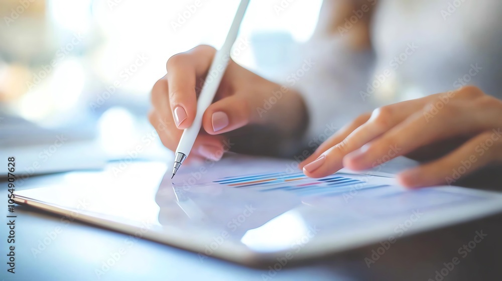Poster close-up of hands using a stylus to write on a tablet screen, representing digital communication and