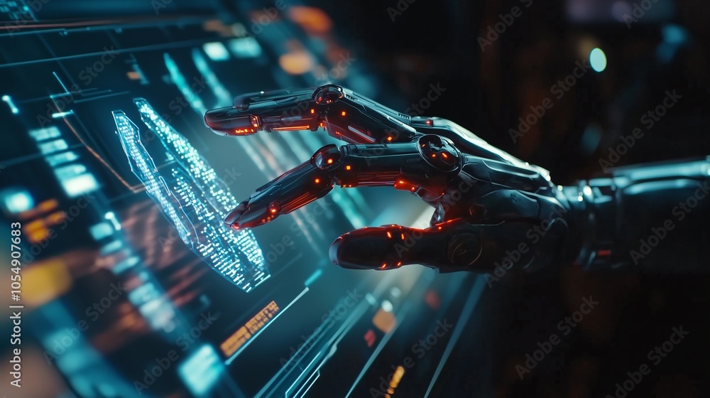 Poster a robotic hand interacts with a digital screen in a futuristic setting, showcasing advanced technolo