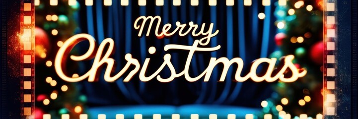 cinematic Merry Christmas greeting in golden script set against dark festive background, enhanced with an old film reel effect. Subtle film grain and warm lights add a nostalgic, vintage holiday fee