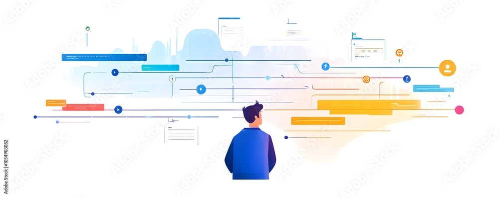 Poster a person analyzing data trends in a digital workspace, showcasing statistics and insights for inform