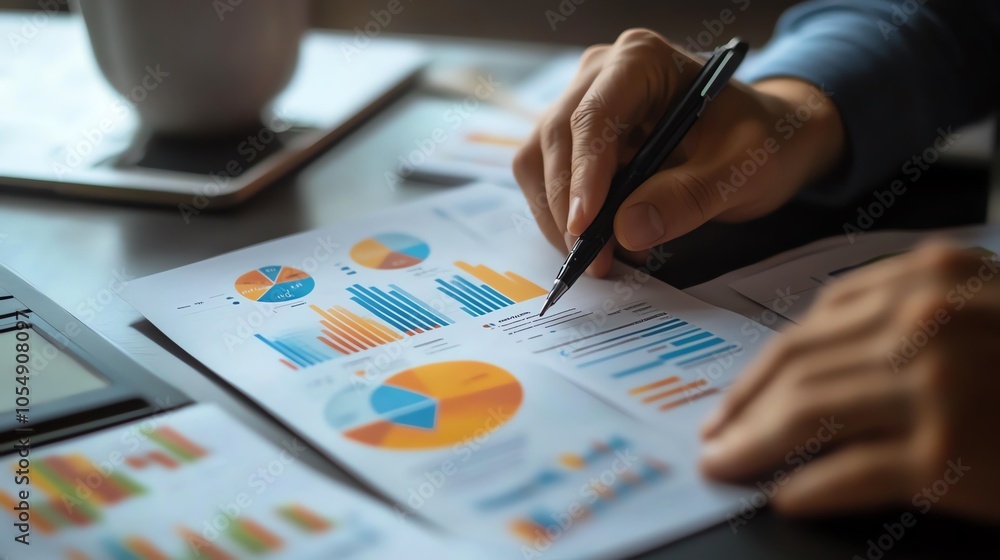 Aufkleber hands analyze business data chart and graph. professional financial review and strategy planning. of