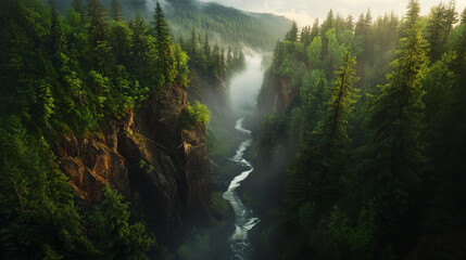 Obraz premium Overhead perspective of a forested canyon with steep cliffs on either side, a narrow river running through the middle, surrounded by tall pine trees, mist rising from the water under soft light.