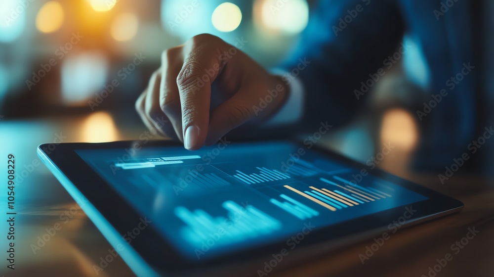 Poster person using a digital tablet displaying business analytics and data visualization in an office sett
