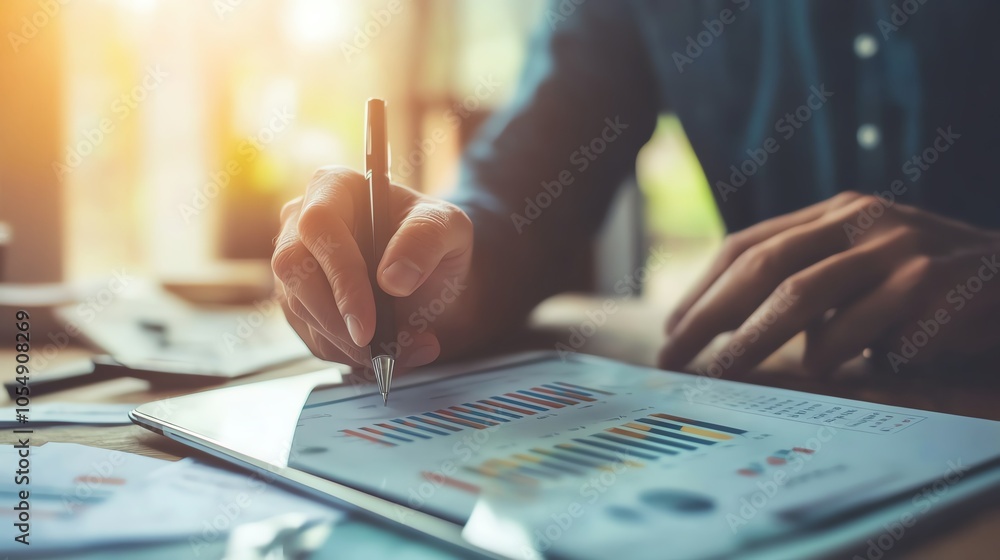 Poster person using a stylus on a digital tablet to analyze graphs in a modern office setting with warm lig