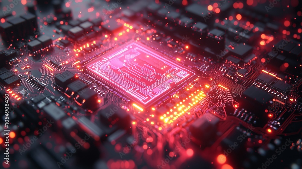 Poster a close-up view of a glowing microchip circuit board with vivid red lights, showcasing advanced tech
