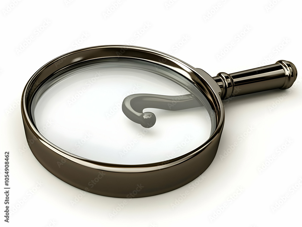 Poster flat magnifying glass with glowing question mark isolated on white background - concept symbolizing 