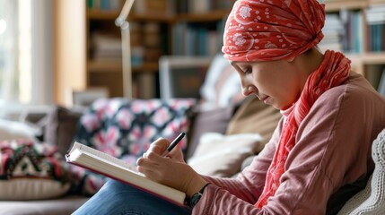 A cancer patient writing in a journal, documenting their journey