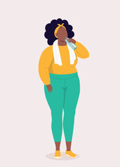 One Overweight Black Woman With Activewear And Neck Towel Drinking Mineral Water Bottle After Her Workout.