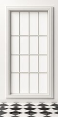 Obraz premium A minimalist white window with a grid design, framed elegantly, set against a textured wall and a contrasting black and white checkered floor.