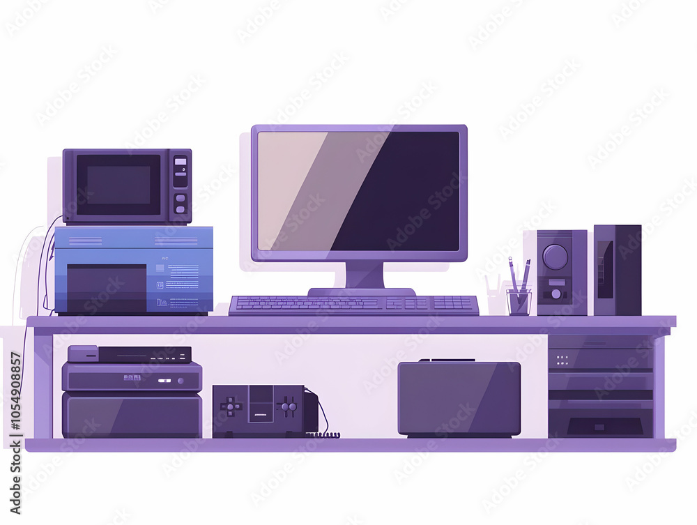 Poster flat modern workspace smart devices automation tools glossy background sleek design copy space achie