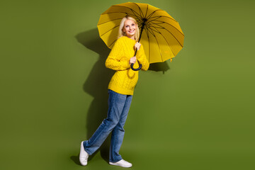 Photo of adorable cute lady wear trendy yellow clothes hold parasol isolated on green color...