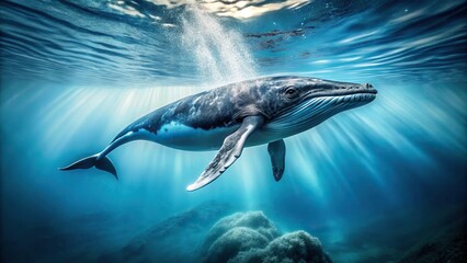 Fototapeta premium Weightless whale on white and blue background