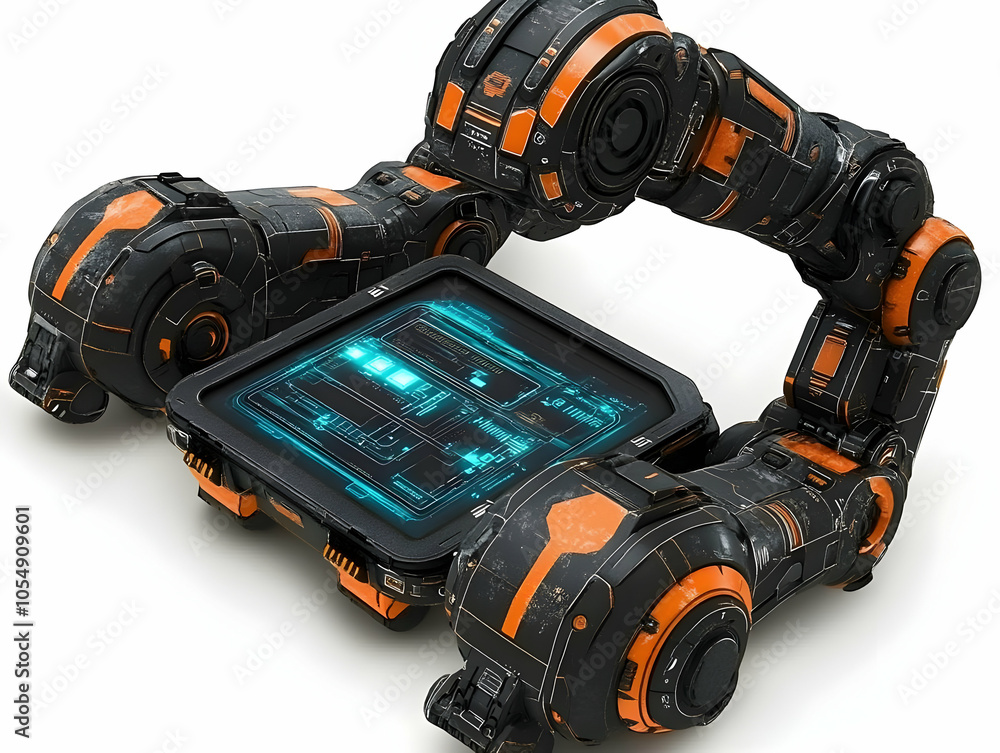 Aufkleber flat robotic arm adjusting holographic tablet interface, close-up of robotic arm interacting with gl