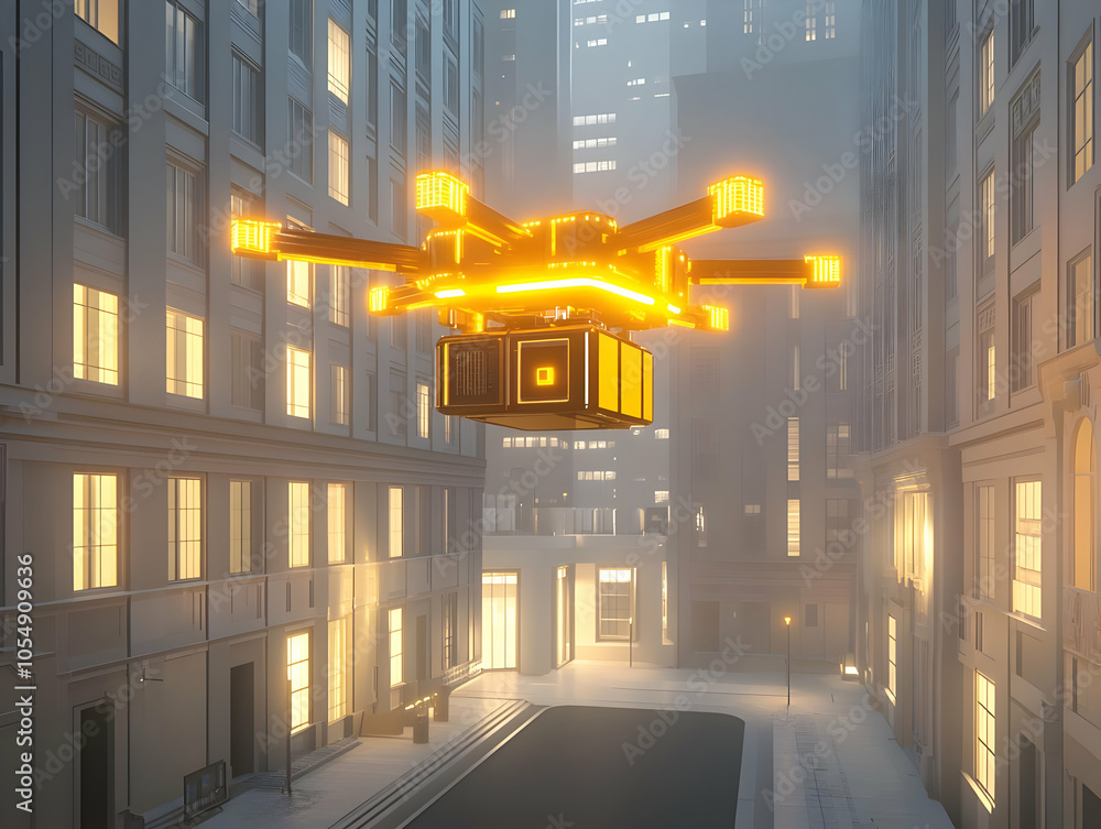 Aufkleber flat robotic drone lifting holographic cargo box wide shot of innovative automation in robotics with
