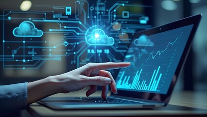 Fototapeta premium Close-up of female hands using a laptop with glowing cloud hologram. Cloud computing concept. 3D Rendering generated by AI