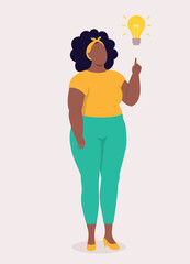 One Plus Size Black Woman Thinking With One Index Finger Pointing Up A Yellow Light Bulb.