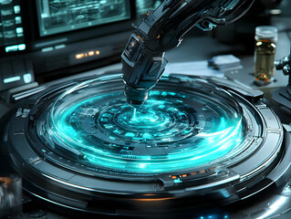 Flat Robotic Arm Assembling Holographic Components Close Up Futuristic Lab Vector Illustration Smart Business Tone Copy Space