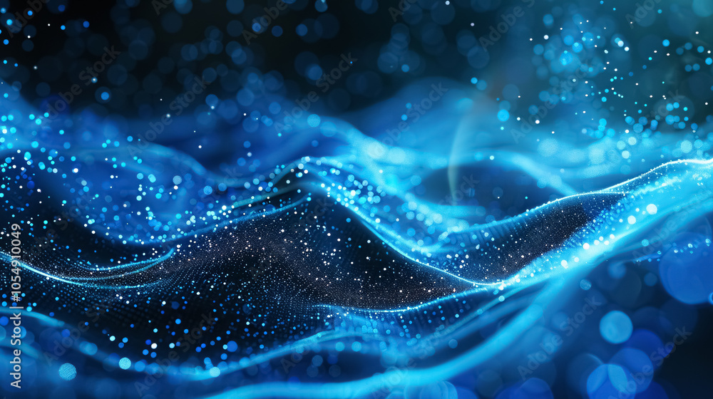 Poster abstract blue digital particles wave with bokeh and light background.