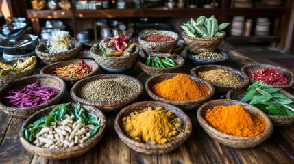 Vibrant Spices on Rustic Kitchen Table