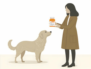 Flat Soft Abstract Pet Medication Time Concept - Pet Owner Gently Administering Medication To Dog, Emphasizing Care Responsibility And Love In Pet Health, Simple Flat Vector Illustration