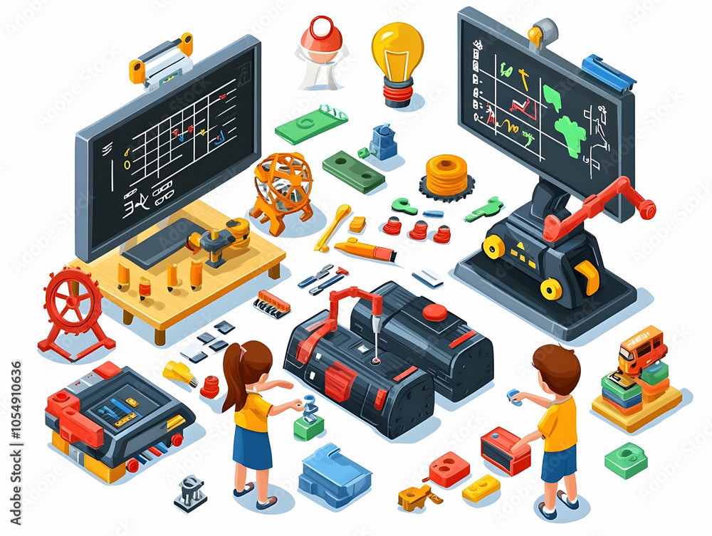 Poster flat vector illustration of students engaged in robotics learning activities in digital classroom, s