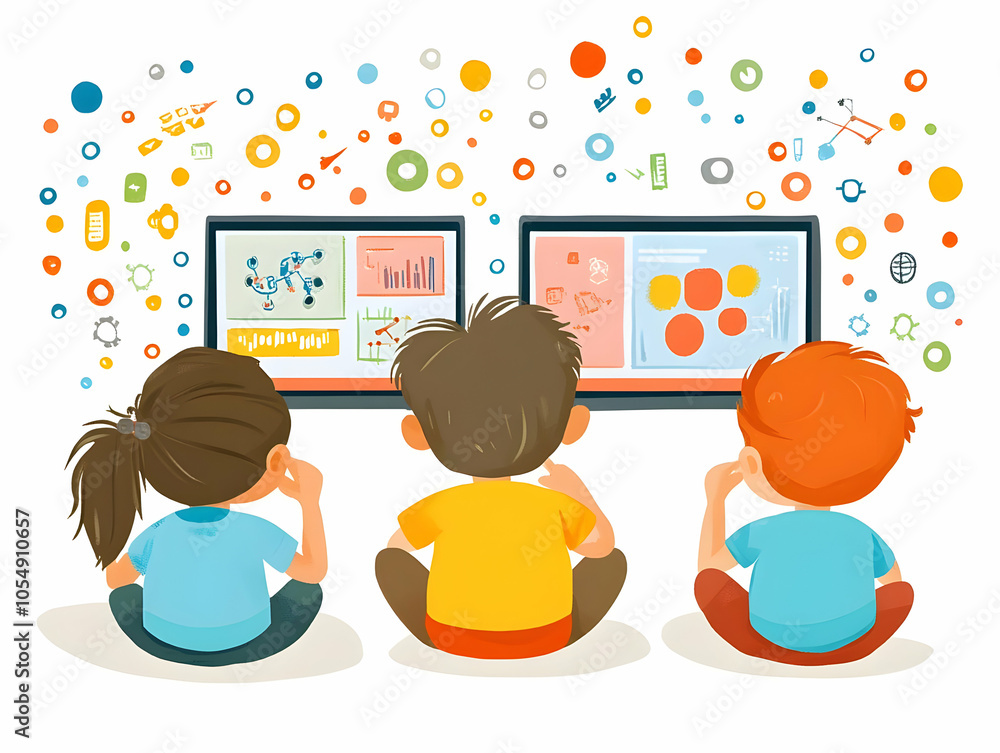 Poster flat vector illustration of students engaged in hands-on robotics learning in digital classroom, can