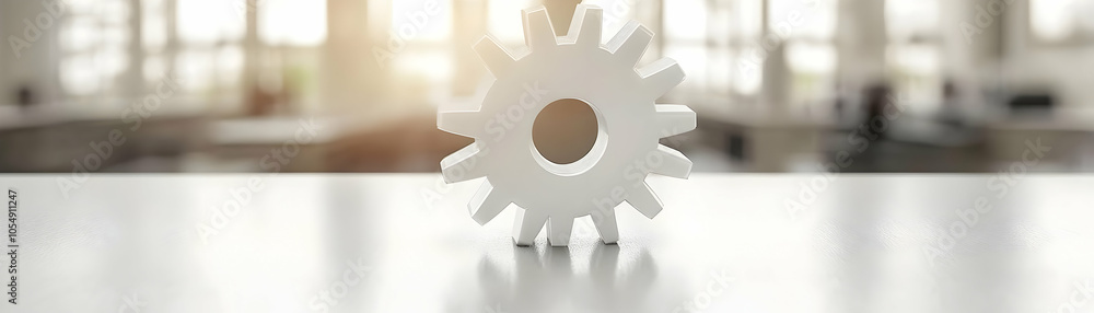 Poster floating holographic gear symbolizing mechanical proficiency in industrial background with copy spac