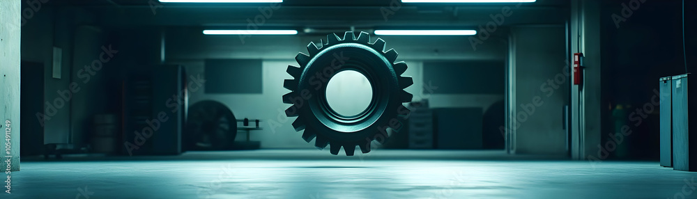 Poster floating holographic gear symbolizing mechanical proficiency and expansion over muted industrial bac