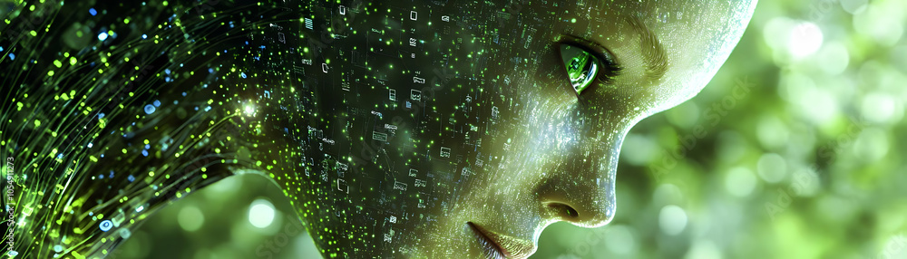 Aufkleber floating robotic head surrounded by holographic data concept - medium shot of robotic head with holo