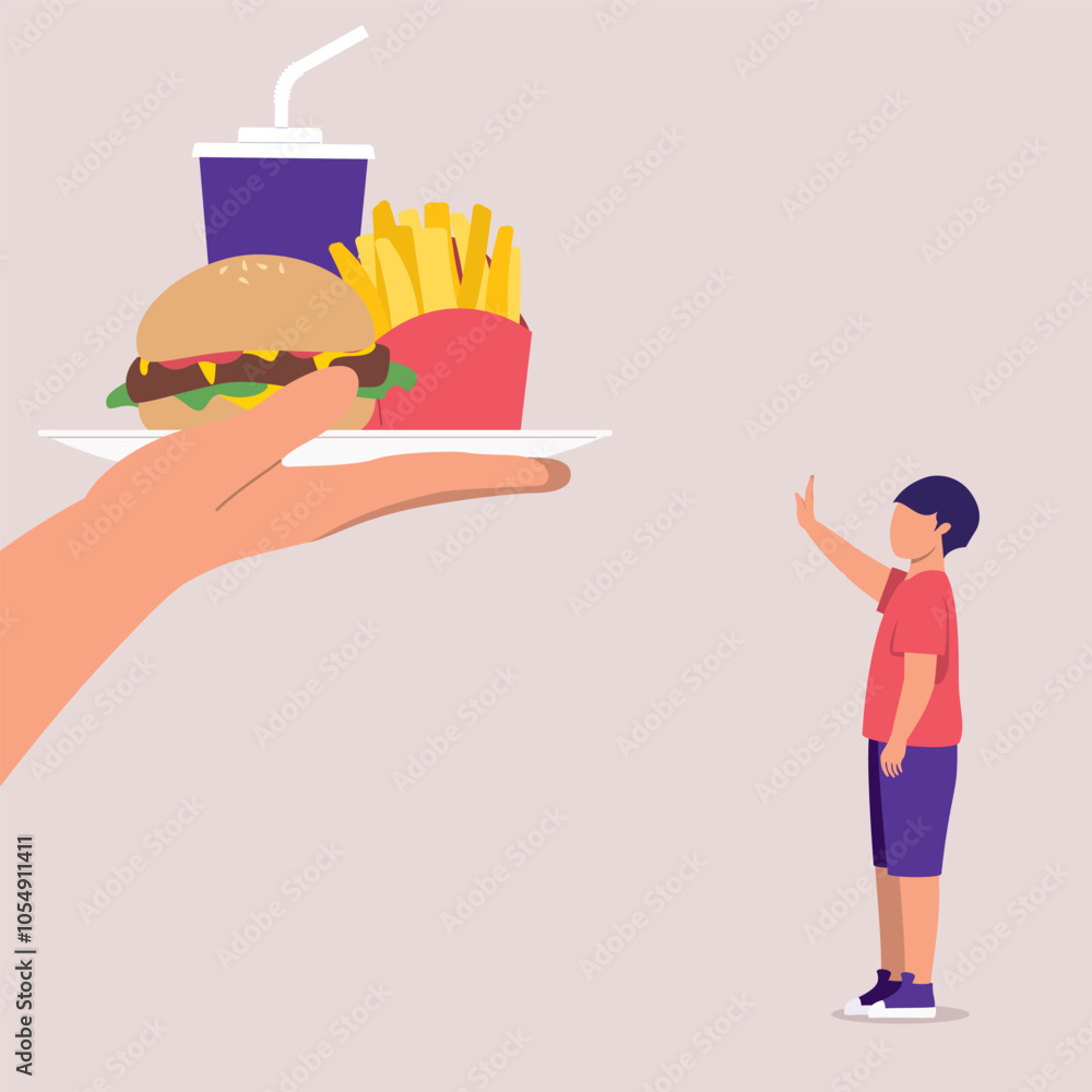 Poster side view of little boy standing in stop gesture refusing fast food offered by someone.