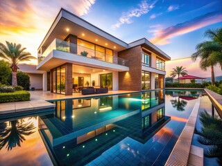 Modern Luxury Villa Reflection in Elegant Swimming Pool â€“ Tranquil Waters, Architectural Design, Peaceful Living, Contemporary Aesthetics, Serene Atmosphere, Outdoor Oasis