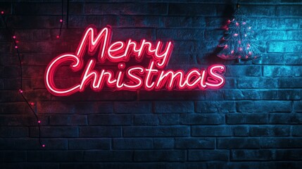 written on Neon sign reading "Merry Christmas" in retro-futuristic lettering against a brick wall.