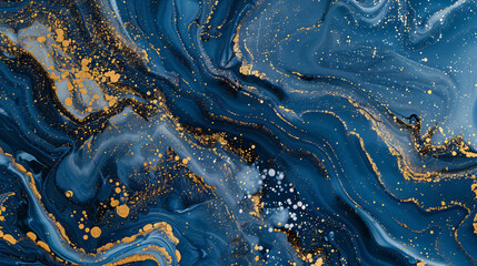 Abstract blue marble texture with gold splashes, representing a luxurious blue background.