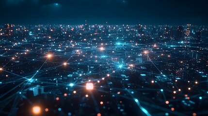 Fototapeta premium Futuristic Cityscape with Glowing Quantum Network Nodes and Communication Signals