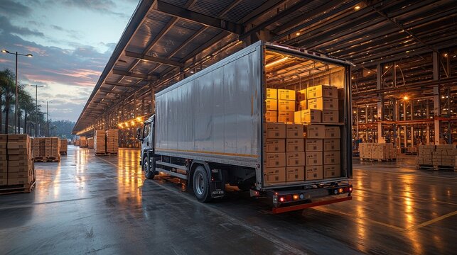 A truck unloading cargo at a distribution center during twilight hours, showcasing organized pallets and modern logistics