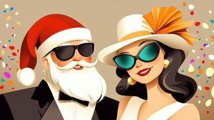 Santa and woman in elegant 1920s attire, celebrating with confetti and vintage lights, sepia tones, vintage illustration, classic holiday vibe