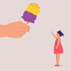 Side View Of Little Girl Standing In Stop Gesture Refuse To Take The Ice-Cream Offered By A Stranger.