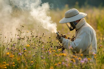 A beekeeper using a smoker to calm the bees, surrounded by fields of wildflowers and tall grass.
