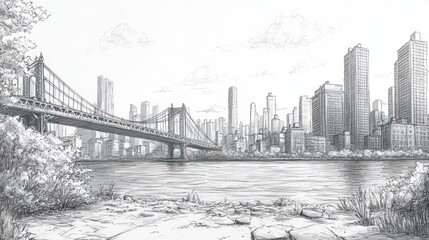 A Hand-Drawn Sketch of a Bridge Over a Cityscape and River