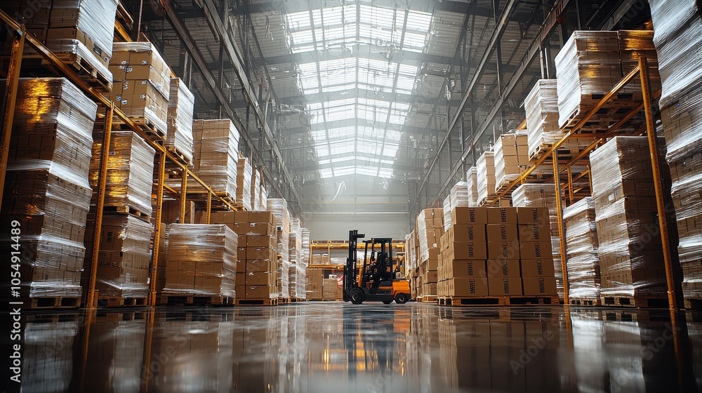 Poster workers in a large warehouse using forklifts to manage stacked cardboard boxes during busy daytime o