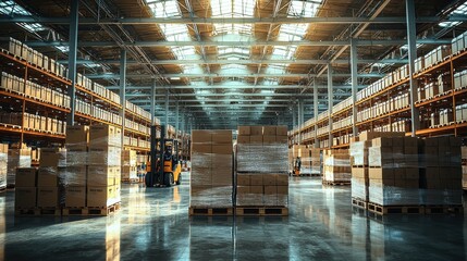 A modern warehouse filled with stacked pallets and efficient forklifts on a sunny day