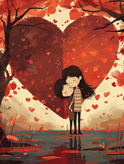  A whimsical cartoon-style illustration of two people embracing, surrounded by floating hearts and trees with red leaves in the background. 
