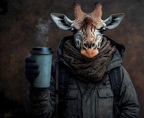 Holding a cup of coffee with a scarf wrapped around his neck